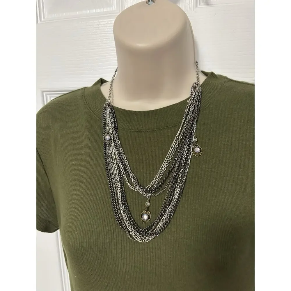 Multi Layered Silver Tone Chain Necklace Rhinestone Whimsigoth Fairy Goth Witchy